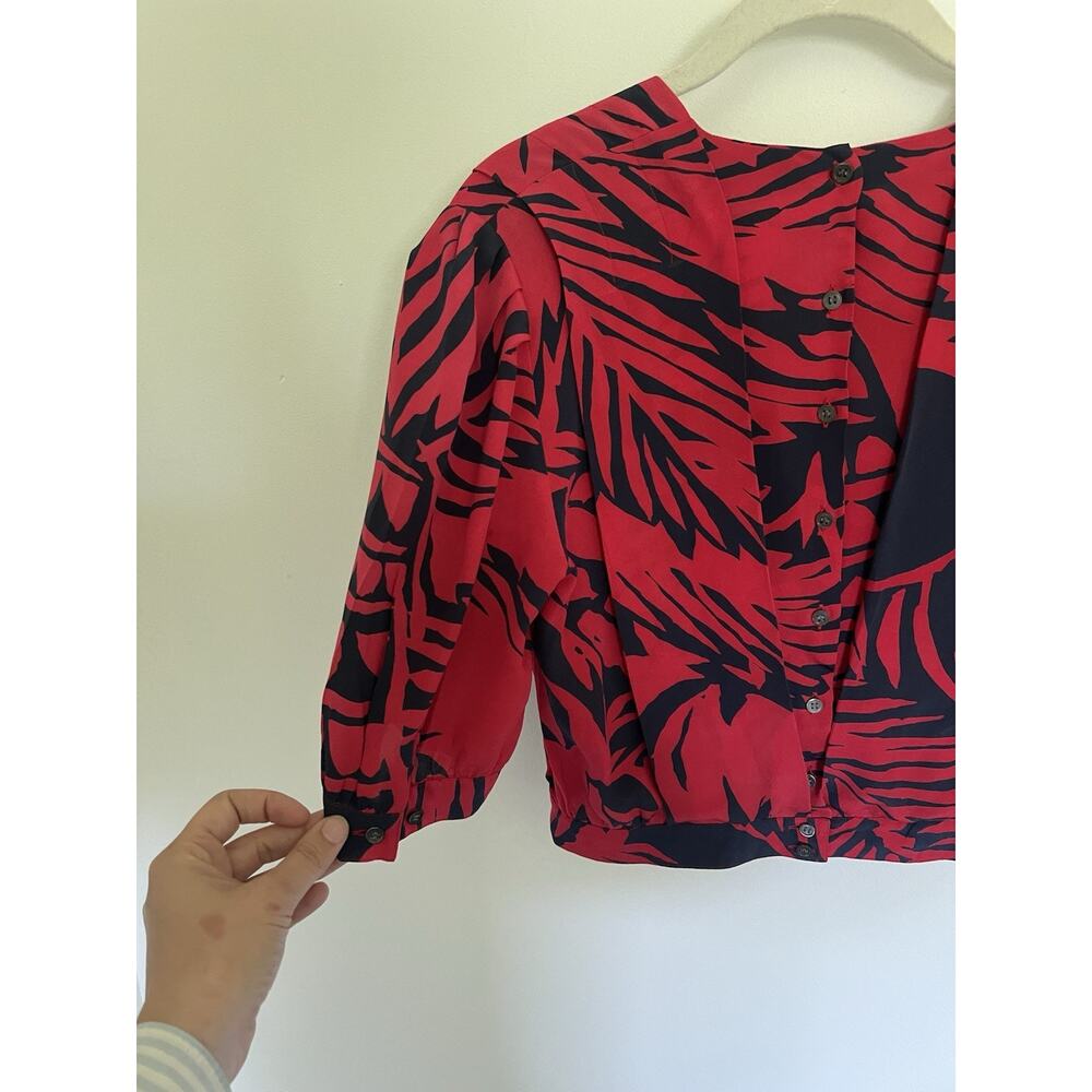 VTG Christian Dior Sportswear Size 10 Printed Silk Cropped Blouse Tropical Red - Picture 8 of 9
